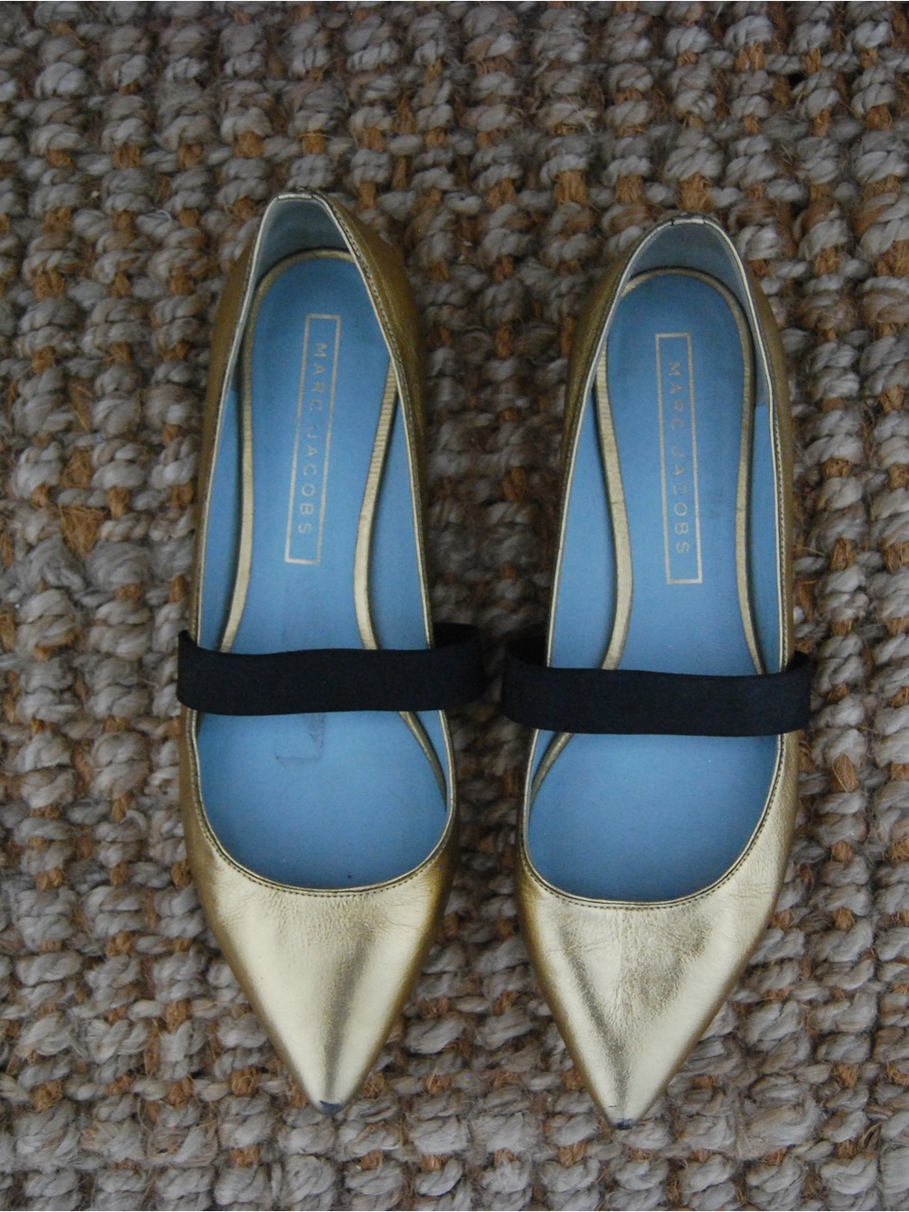 Marc Jacobs Metallic Gold Pointed Mary Jane Flats with Black Strap